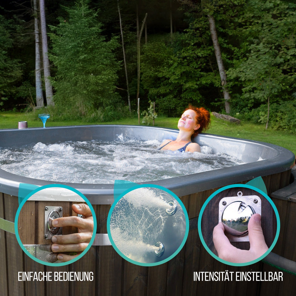 Configure square wood fired hot tub for 4-6 persons with integrated heater and premium ThermoWood cladding outdoors