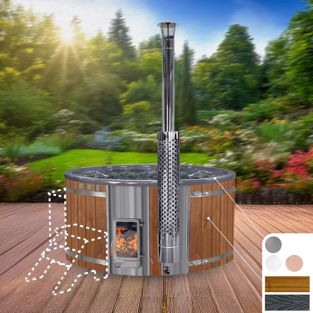 Wood-fired hot tub with chimney on a wooden deck with a garden background