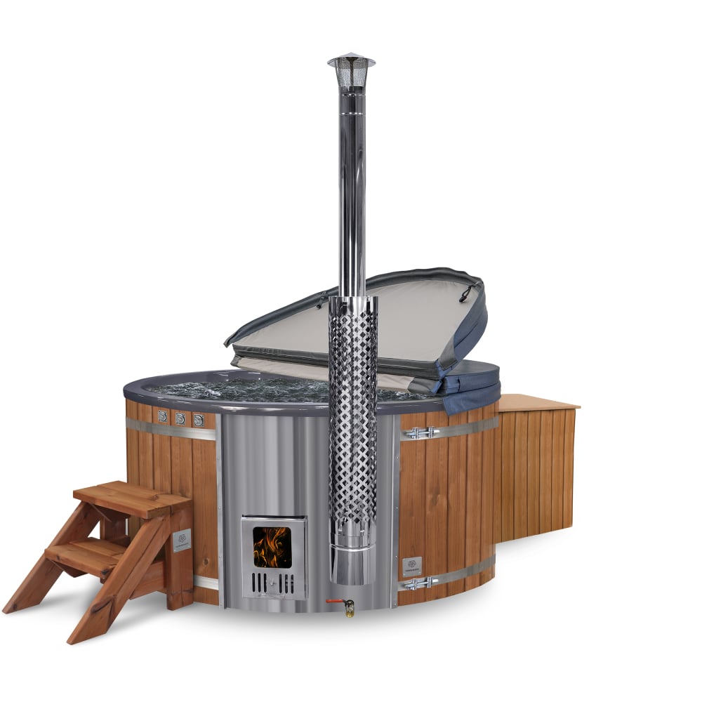 wood-fired wooden hot tub with partially open insulated cover, stainless-steel chimney, and wooden steps on white background, highlighting premium outdoor spa design and heating system.