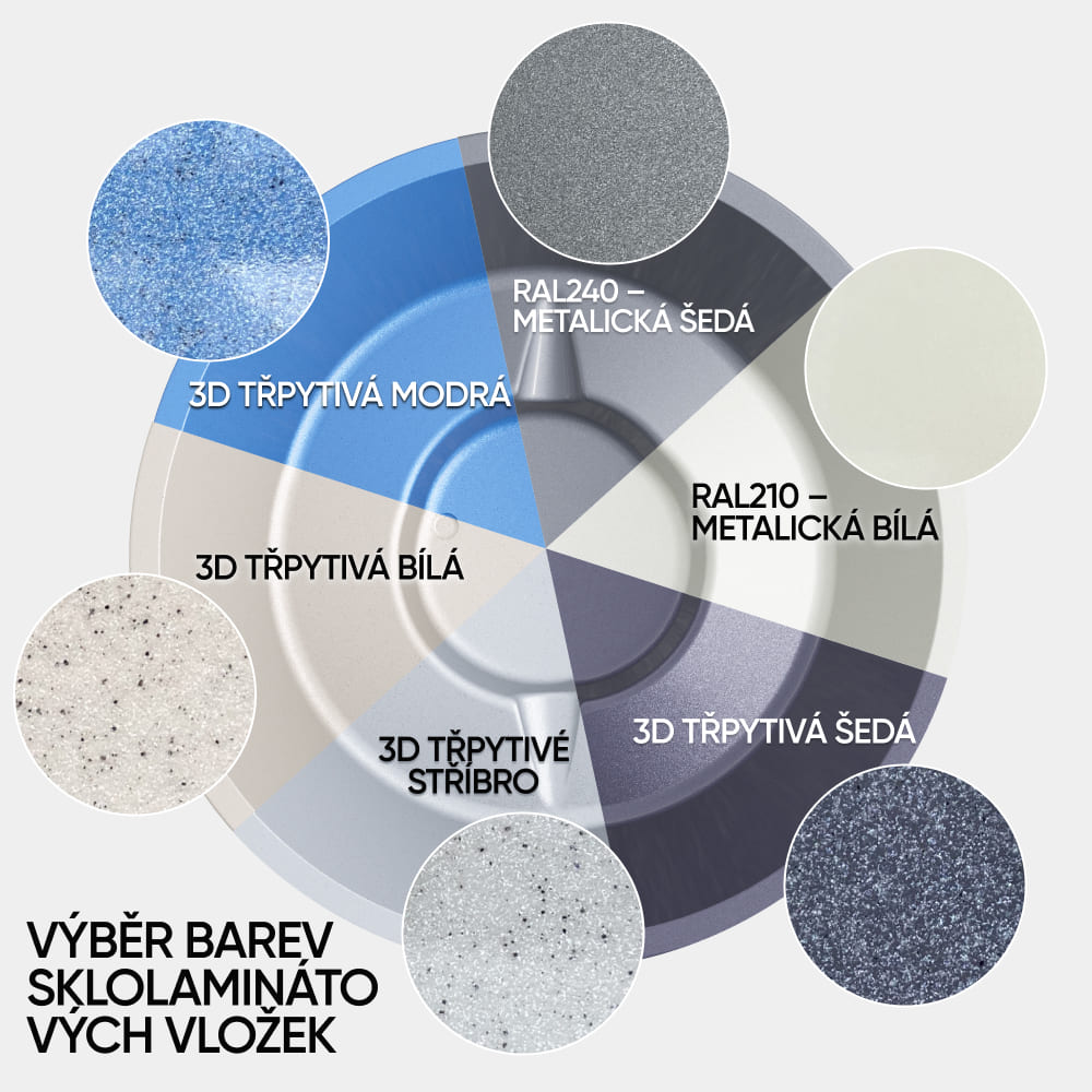 Top-down view of color options for glass laminate inserts including metallic gray, metallic white, sparkling blue, white, silver, and gray shades