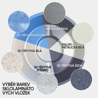 Top-down view of color options for glass laminate inserts including metallic gray, metallic white, sparkling blue, white, silver, and gray shades