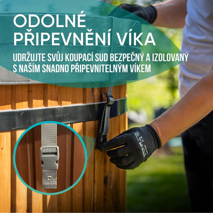 Close-up of hands fastening durable strap latch on wooden hot tub cover in outdoor garden setting