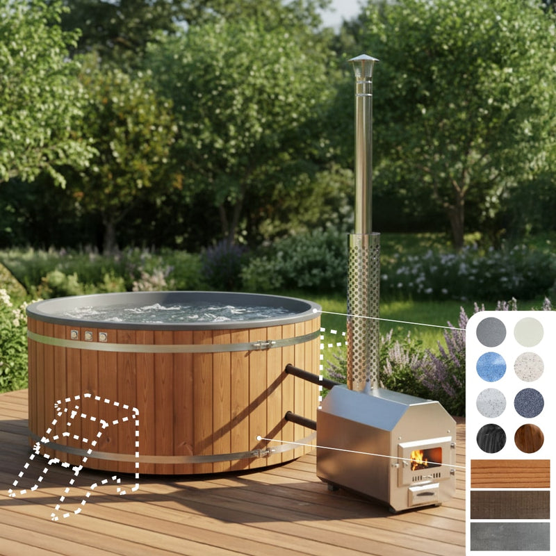 Outdoor view of round 6-8 person wood fired hot tub with external stainless steel heater on wooden deck