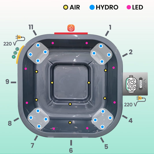 Outdoor view of square wood fired hot tub with Horizon stainless steel stove, wooden steps, and steam rising in garden setting