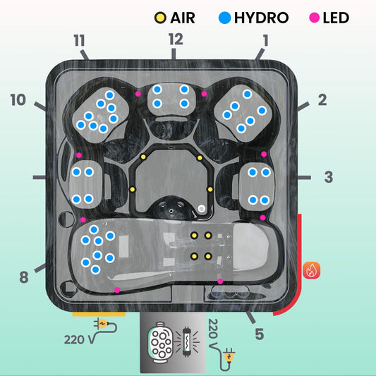 Prémiový hranatý koupací sud na dřevo s 34 hydromasážními tryskami a lehací lavicí – pro 6 osob
