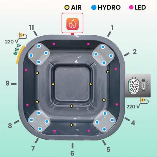 Outdoor view of square wood fired hot tub with light stain ThermoWood cladding, external stove, cover open, and wooden steps