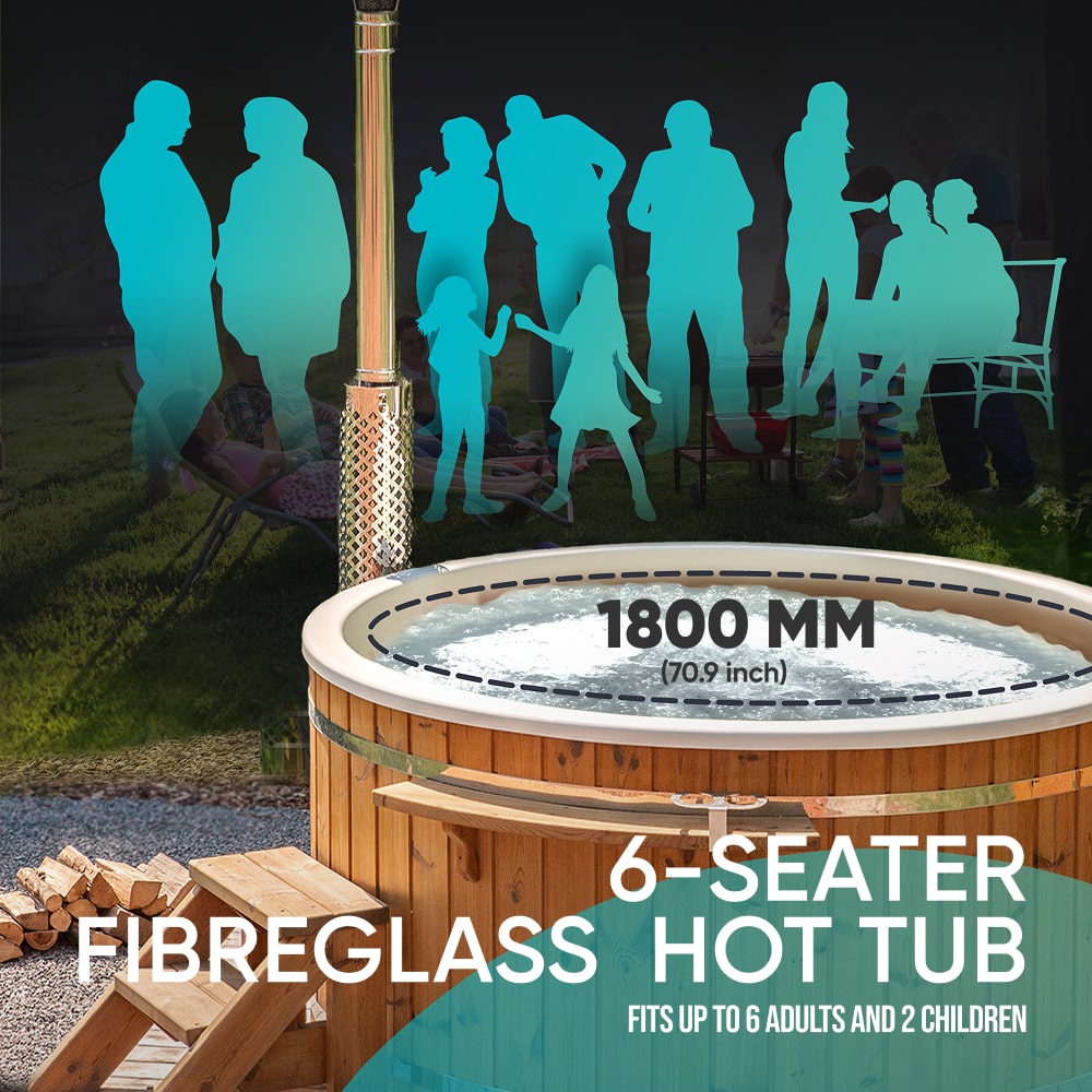 Wood fired hot tub | 12 hydro & 7 air jets | Grey fibreglass insert | for 4-6 Persons | Pre-configured