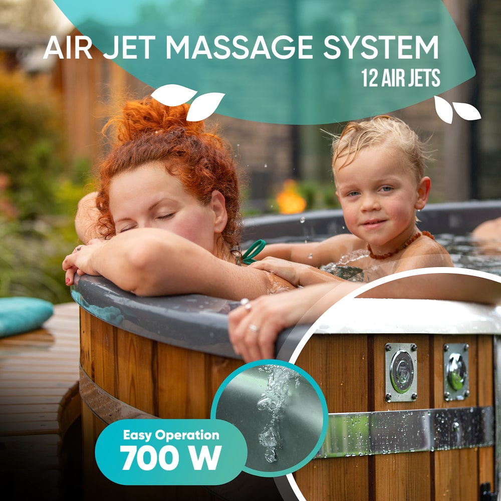Wood fired hot tub | 16 hydro & 12 air jets | Grey fibreglass insert | for 4-6 Persons | Pre-configured