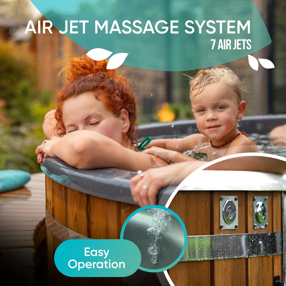 Wood fired hot tub | 12 hydro & 7 air jets | Grey fibreglass insert | for 4-6 Persons | Pre-configured
