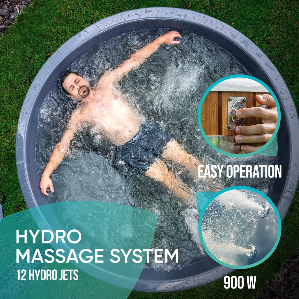 Wood fired hot tub | 12 hydro & 7 air jets | Grey fibreglass insert | for 4-6 Persons | Pre-configured