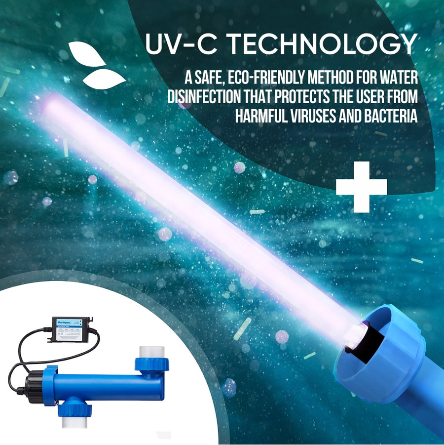 Close-up of UV-C water disinfection system for wood fired hot tub protecting against viruses and bacteria