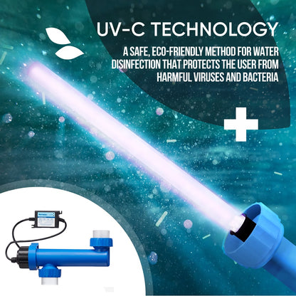 Close-up of UV-C water disinfection technology emitting light to eliminate harmful viruses and bacteria.
