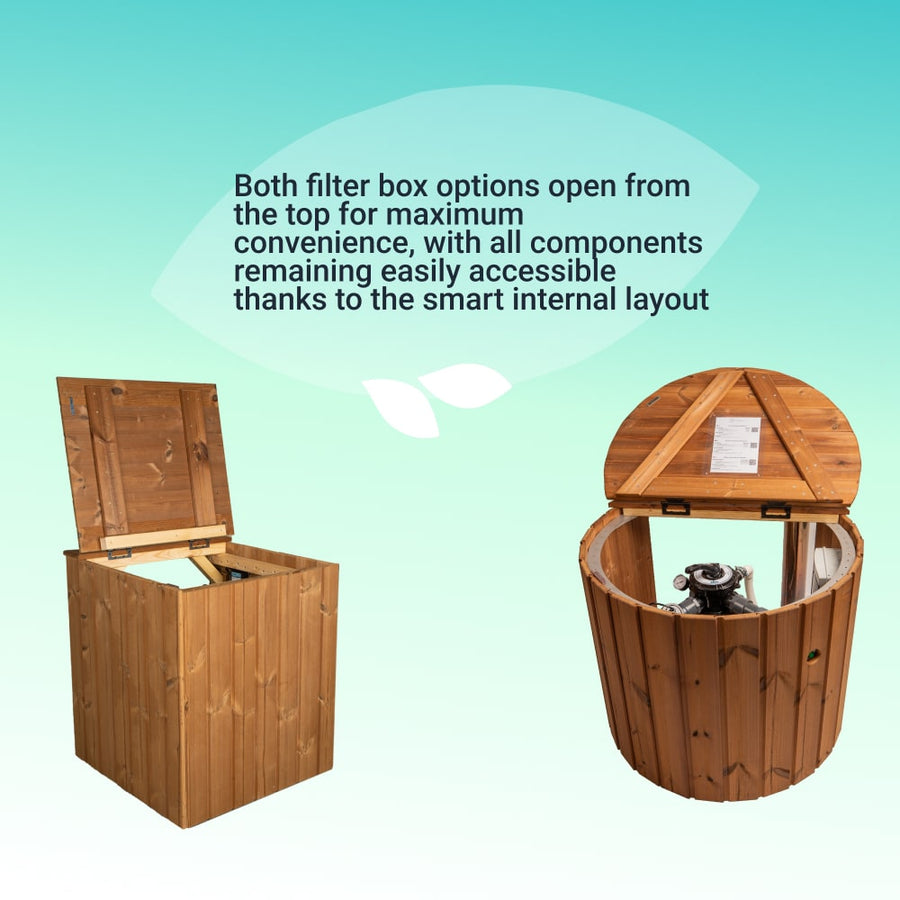 Top view of square and round premium sand filter boxes for wood-fired hot tubs with easy access and smart internal layout