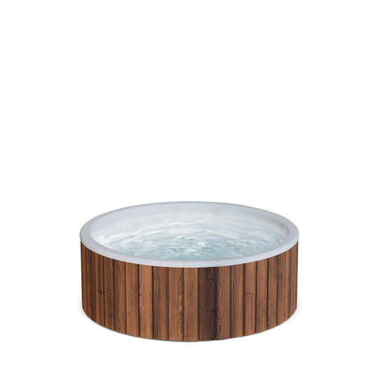 A round outdoor hot tub with a flat bottom and a light interior filled with water, shown on a plain white background.