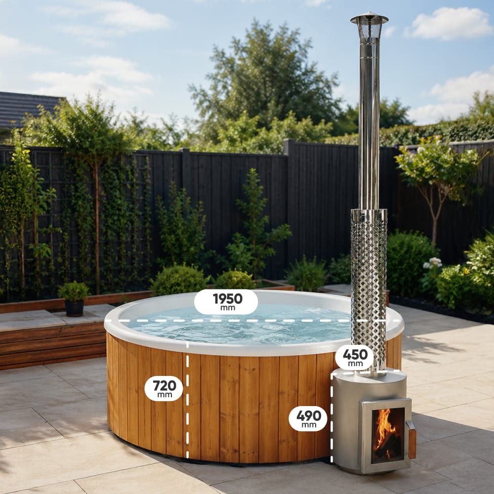 Flat bottom wood-fired hot tub with dimensions labeled in a garden setting