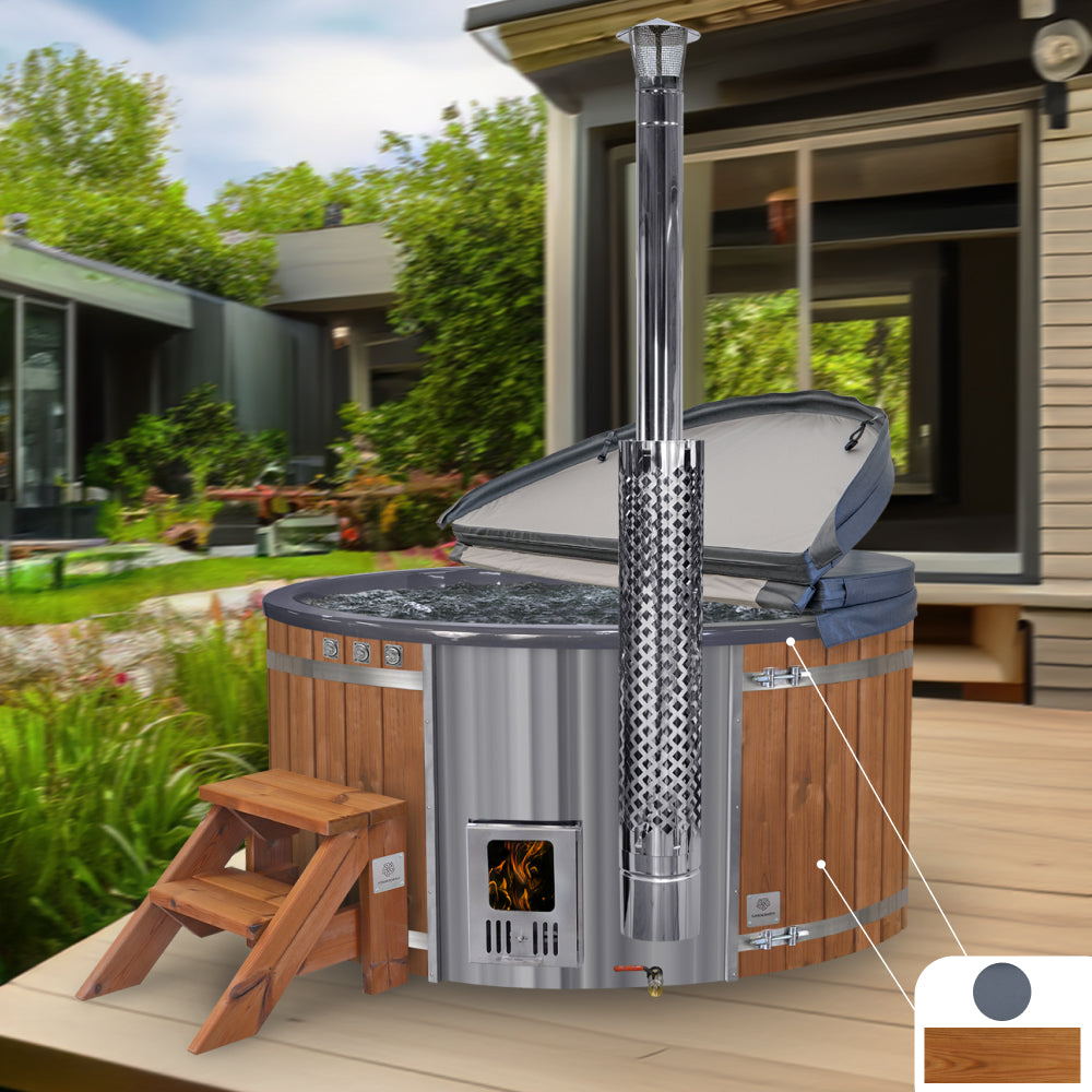 Wood fired hot tub | 12 hydro & 7 air jets | Grey fibreglass insert | for 4-6 Persons | Pre-configured