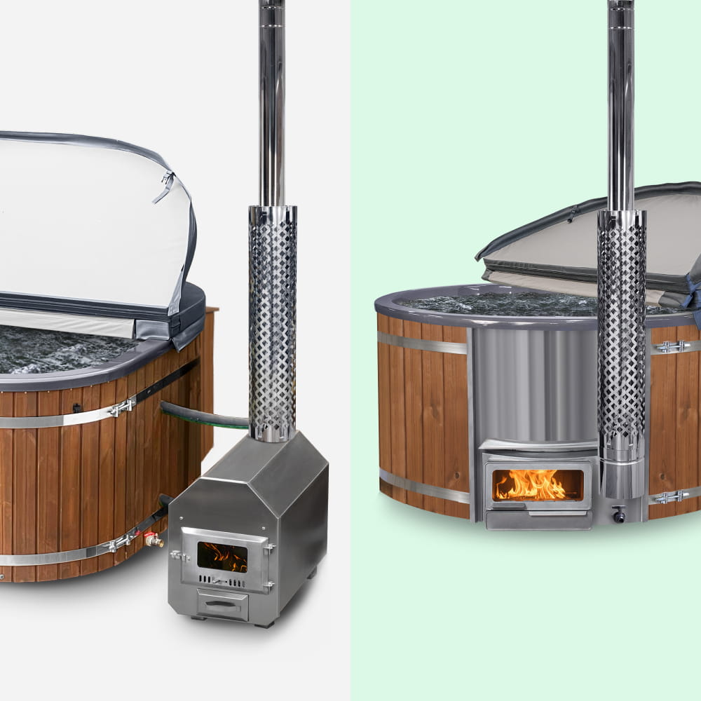 Two tub models—one with an external stove and one with an integrated Horizon stove—show different options
