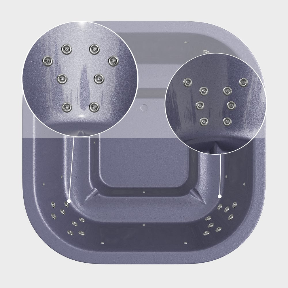 Top-down view of premium whirlpool hot tub with 28 hydro jets and two zoomed-in sections showing jet placements inside tub