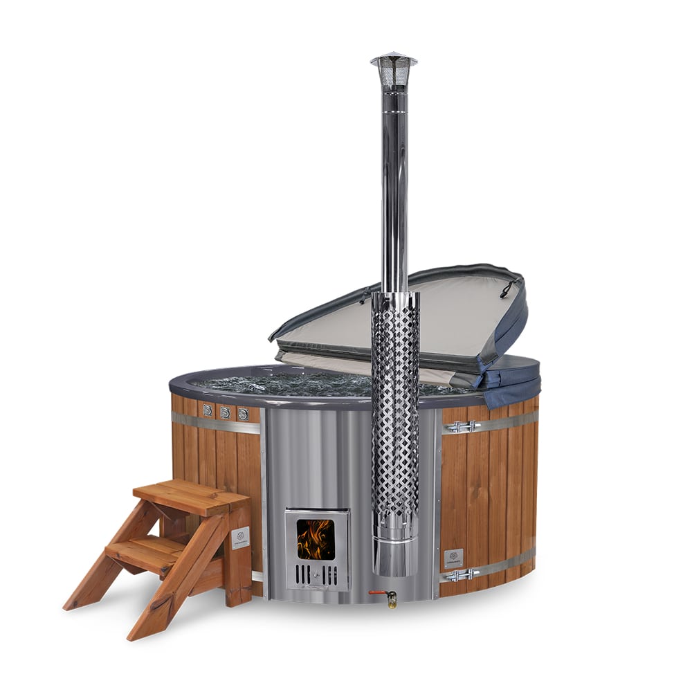 Wood fired hot tub | 12 hydro & 7 air jets | Grey fibreglass insert | for 4-6 Persons | Pre-configured