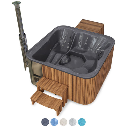 Prémiový hranatý koupací sud na dřevo s 34 hydromasážními tryskami a lehací lavicí – pro 6 osob