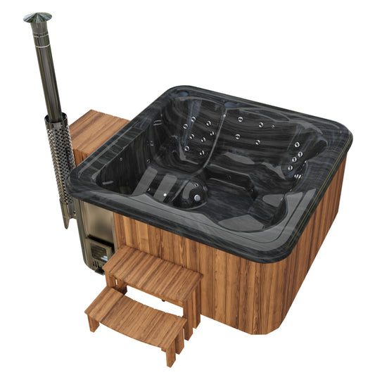 Prémiový hranatý koupací sud na dřevo s 34 hydromasážními tryskami a lehací lavicí – pro 6 osob