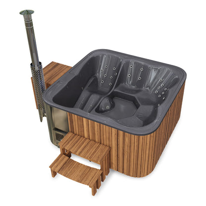 Square wood-fired hot tub with a reclining seat, hydro massage jets, wooden exterior and matching steps on a white background