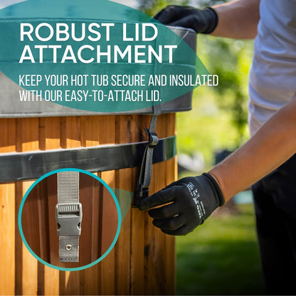 Close-up of gloved hands securing wooden hot tub cover with robust black strap and easy-to-attach buckle outdoors