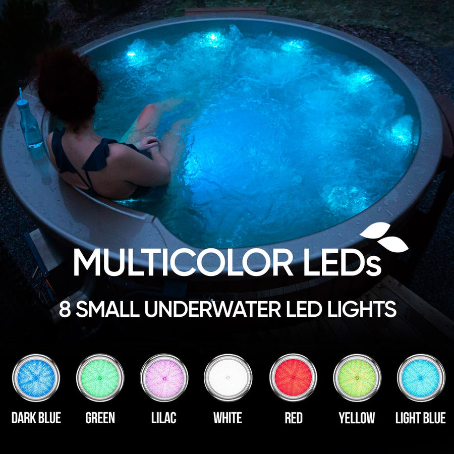All-Inclusive Horizon wood-fired hot tub with multicolor LED lights