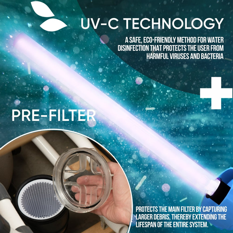 UV-C disinfection tube glowing purple in Horizon hot tub with jets
