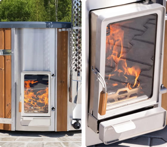Wood-burning stove Verta with flames inside, outdoor setting