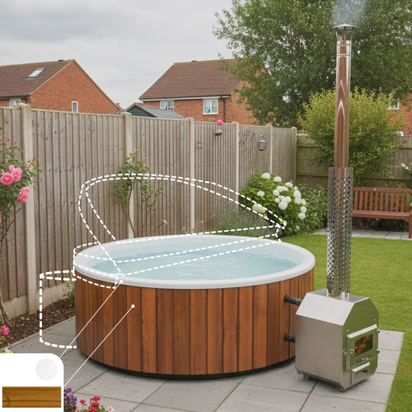 Outdoor view of round wood fired hot tub with integrated stainless steel stove and wooden cladding in garden setting