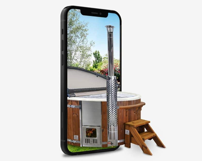 Phone screen displaying an image of a hot tub with a wooden deck and standard steps.