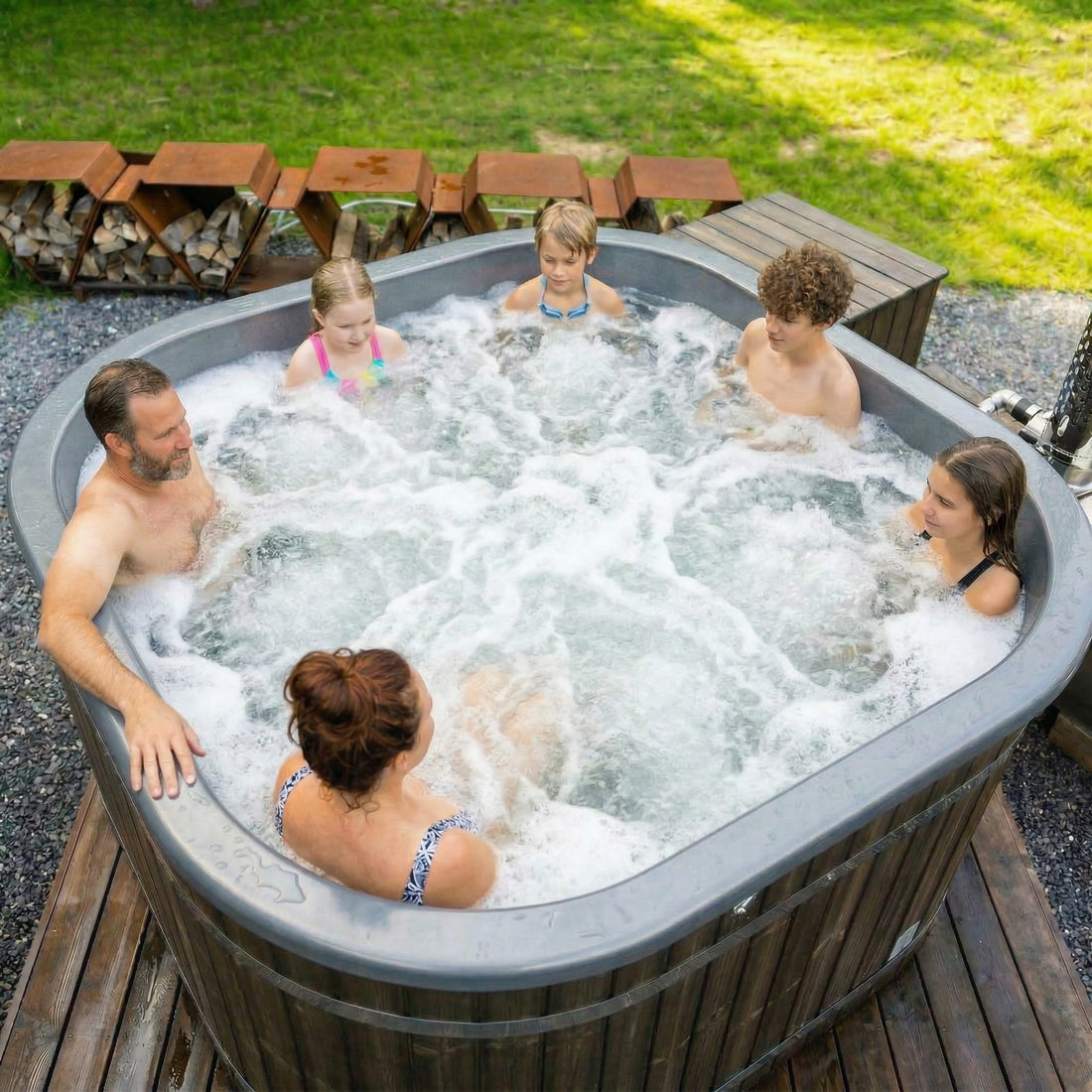 Family enjoying a hot tub outdoors on a sunny day