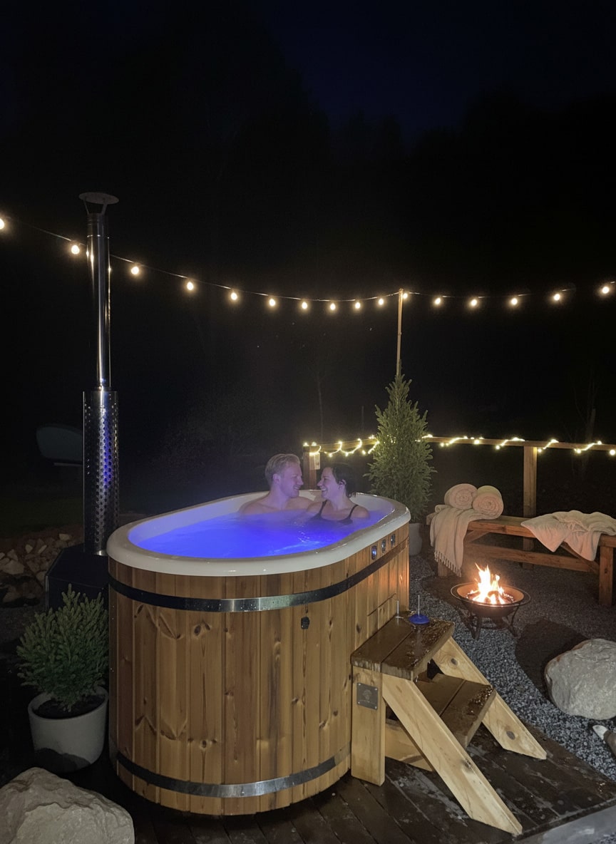 Night view of couple relaxing in illuminated wood fired hot tub with wooden steps, string lights, fire pit, and outdoor seating area