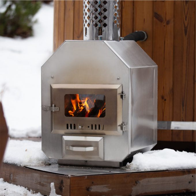 Collection of OCTA AISI 316 external stainless steel heater S components including a stove, pipes, and clamps on a white background.