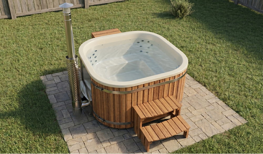 Hot tub with Horizon heater in white sparkle insert and hydro jets in the backyard