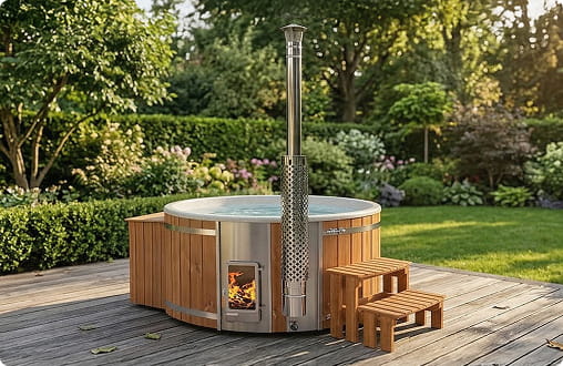 Hot tub with vertical Verta stove design on a wooden deck in a garden setting