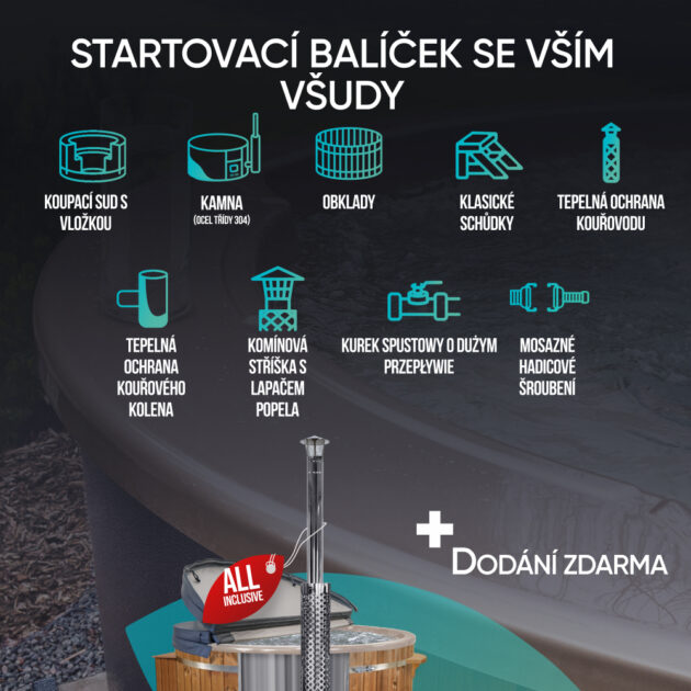 V ceně je zahrnuto startovací balení koupacího sudu. Ikony představují prvky - kryt komína, vložku, povrchovou úpravu. Schody, komínová hlavice, spojky a kamna