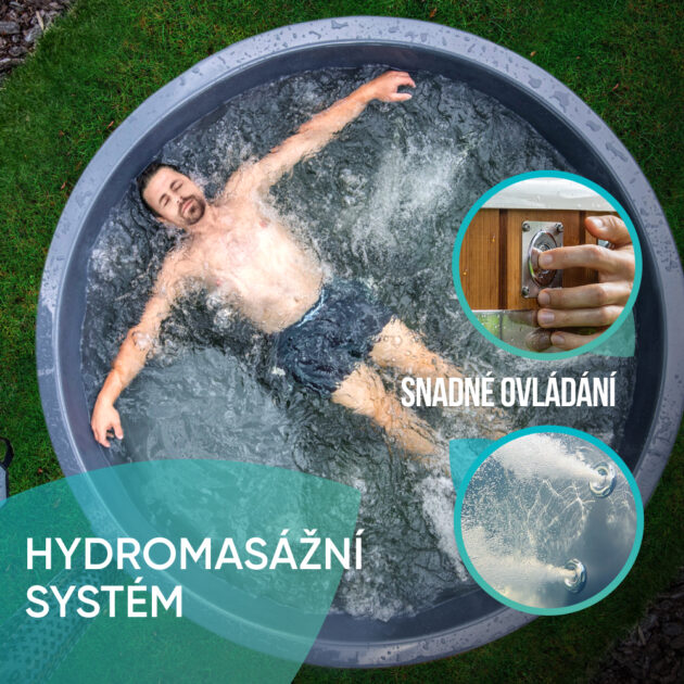 Muž leží v koupacím sudu a prožívá relaxaci. Pohled shora, vložka sudu je plná vody, což naznačuje, že muž aktivoval vodní masáž