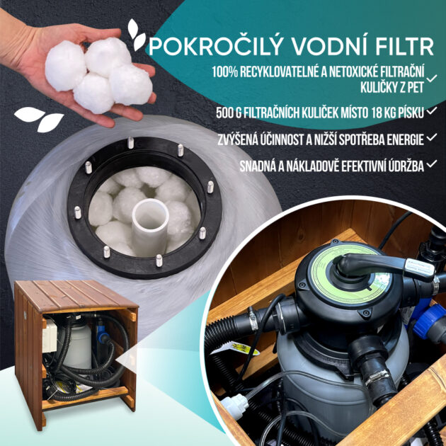 Koupací sudový filtr s kuličkami. Několik kuliček držených v ruce, pohled na pískový filtr zblízka